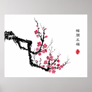 Póster Flor de ciruela de pintura de tinta oriental