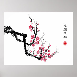 Póster Flor de ciruela de pintura de tinta oriental