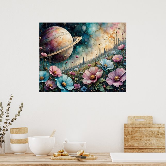 Póster Flor de Cosmos Futurista y Espacio (Cocina)