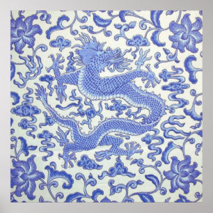 Póster Flor de dragón oriental azul y blanco chino