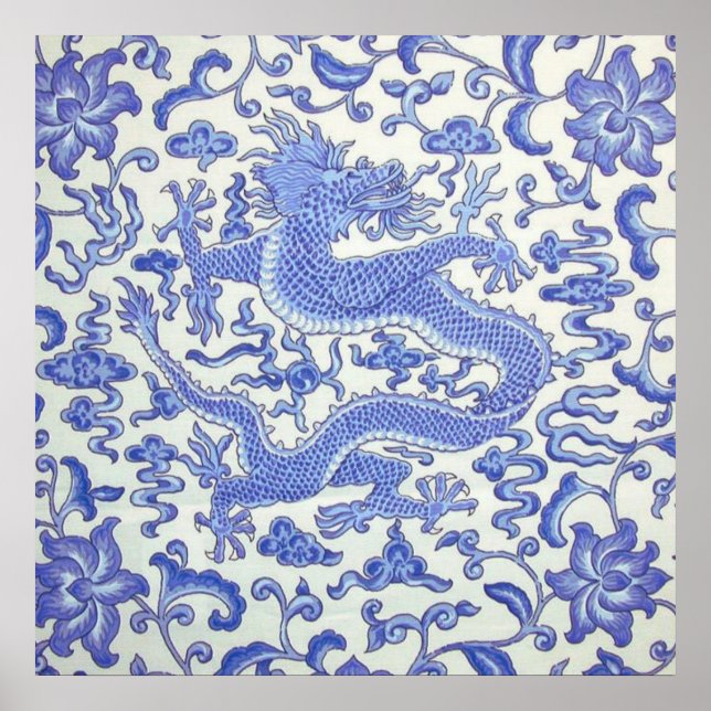 Póster Flor de dragón oriental azul y blanco chino (Frente)