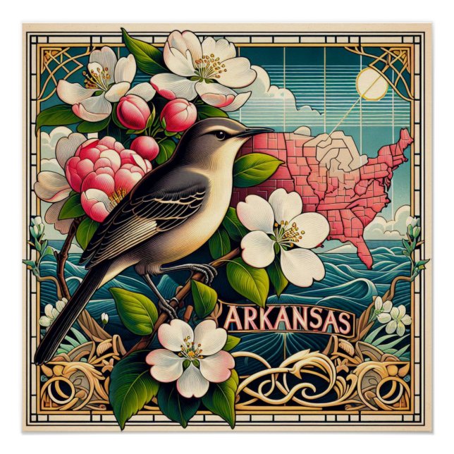 Póster Flor de estado de Arkansas y diseño de pájaro Rojo (Anverso)
