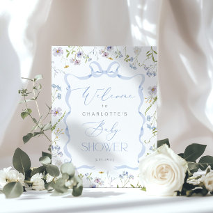 Póster Flor de flores azules armazón Bow Ducha bebé Bienv