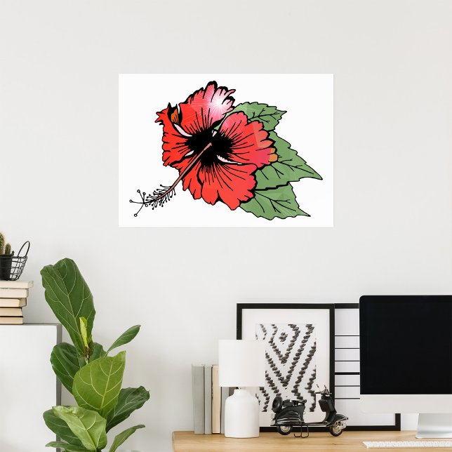 Póster Flor de Hibisco Rojo Tropical con Hojas Verdes (Subido por el creador)