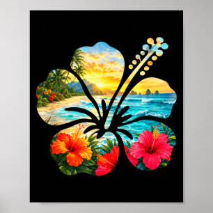 Póster Flor de hibisco vintage playa verano aloha