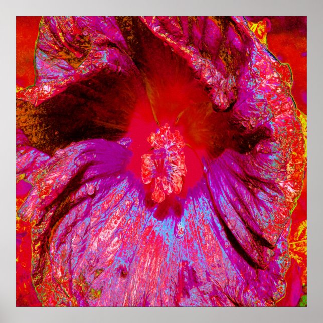 Póster Flor de Hibiscus Rojo Retro Trippy Psicodélico (Frente)