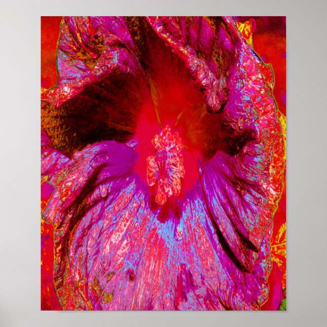 Póster Flor de Hibiscus Rojo Retro Trippy Psicodélico (Frente)