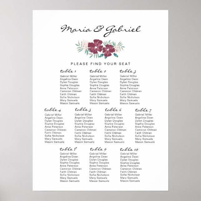 Póster Flor de jardín. Bonita tabla de asientos Boda (Frente)