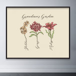 Póster Flor de jardín de la abuela 3 nietos llaman floral<br><div class="desc">La flor de jardín y los nietos de esta abuela nombran el diseño personalizado es una deliciosa mezcla de encanto vintage y calidez personalizada. Es la adición perfecta al refugio de cualquier abuela, trayendo la belleza de un jardín botánico a su casa. Con un impresionante ilustracion de flores vintage que...</div>