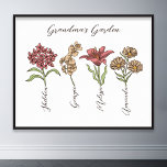 Póster Flor de jardín de la abuela 4 nietos llaman floral<br><div class="desc">La flor de jardín y los nietos de esta abuela nombran el diseño personalizado es una deliciosa mezcla de encanto vintage y calidez personalizada. Es la adición perfecta al refugio de cualquier abuela, trayendo la belleza de un jardín botánico a su casa. Con un impresionante ilustracion de flores vintage que...</div>
