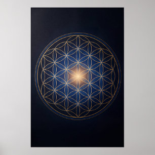 Póster Flor de la Vida Geometría Sagrada Oro Azul Espirit