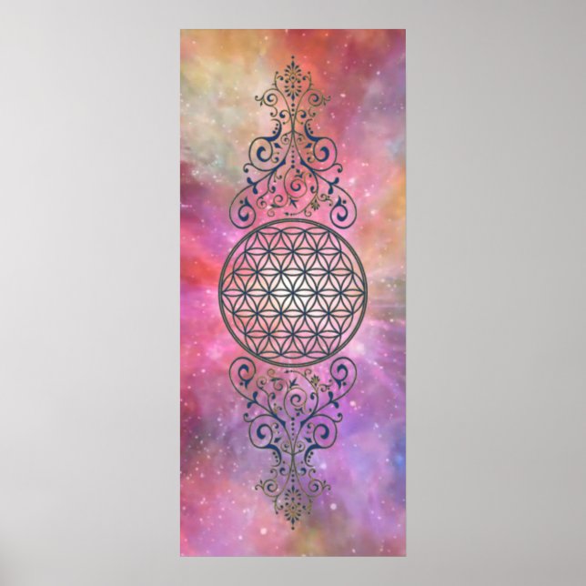 Póster Flor de la vida - Ornamentos de época oro azul (Frente)