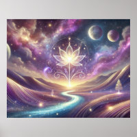 Flor de Loto con Cielo Cósmico y Río Fluyente