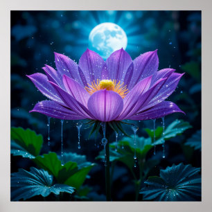 Póster Flor de Loto Púrpura Bajo Luz de Luna
