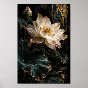 Póster Flor de Loto Rosa Sonrojado con Acentos de Oro Bot