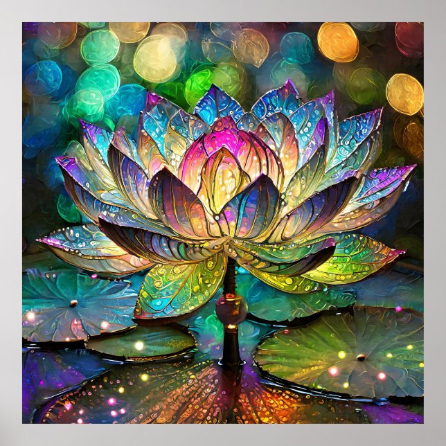 Póster Flor de Loto Vibrante de Vidrio Teñido (Frente)