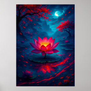 Póster Flor de Lotus brillante bajo fantasía lunar