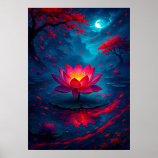 Póster Flor de Lotus brillante bajo fantasía lunar
