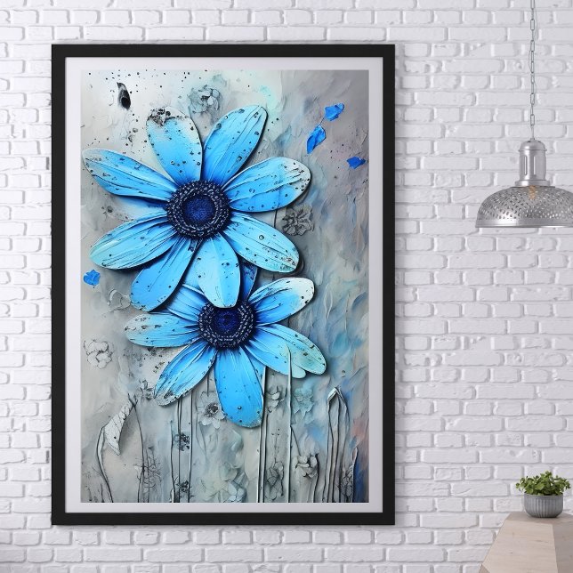 Póster Flor de margarita gris angustiada (Blue Daisies Distressed Grungy Daisy Flower Poster)