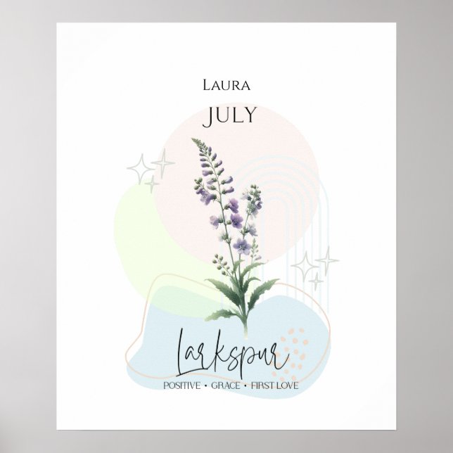 Póster Flor de nacimiento de Larkspur para julio (Frente)