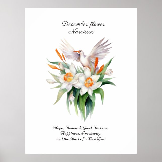 Póster Flor de Narciso de diciembre con pájaro floral (Frente)