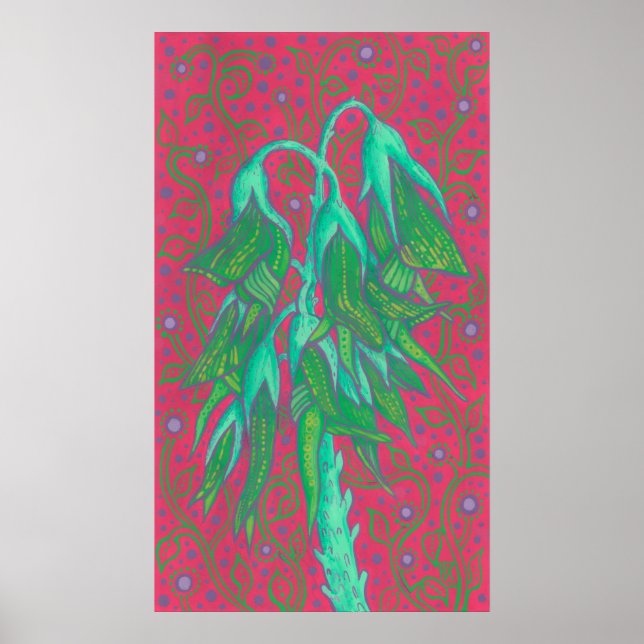 Póster Flor de pájaro australiana, rosa verde floral trop (Frente)