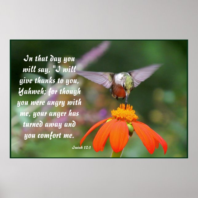 Póster Flor de pájaro Hummingbird Floral Isaiah 12:2 (Frente)