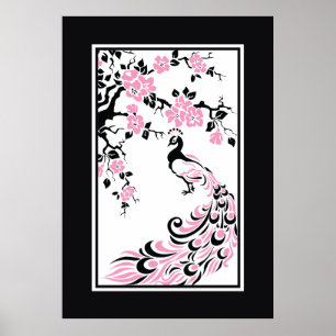 Póster Flor de pavo real, negro, rosa, blanco y cerezo