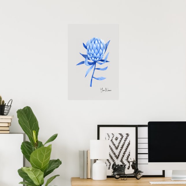 Póster Flor de Protea Tropical Azul Cobalto Acuarela (Oficina en casa)