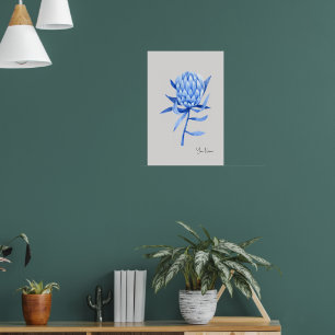 Póster Flor de Protea Tropical Azul Cobalto Acuarela