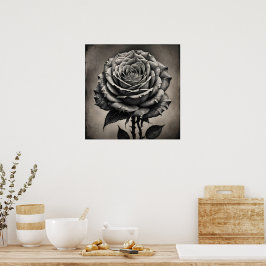 Póster Flor de rosa blanca y negra