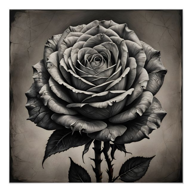 Póster Flor de rosa blanca y negra (Anverso)