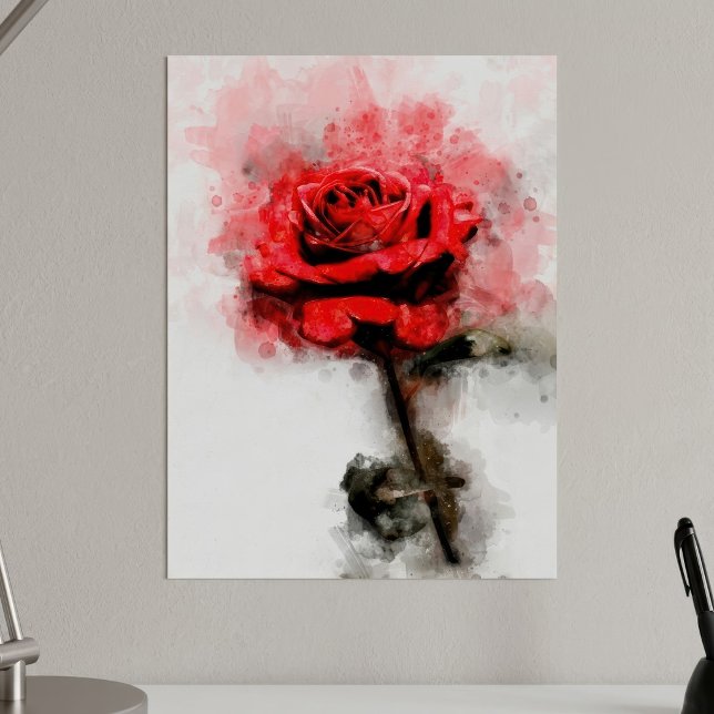 Póster Flor de rosa roja acuarela - wb (Red Rose Watercolor Art on White Background. Poster)