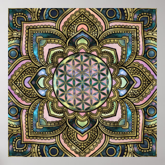 Póster Flor de vida en Lotus - Mármol y oro