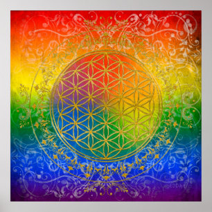 Póster Flor de vida - Oro ornamento arcoiris
