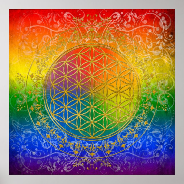 Póster Flor de vida - Oro ornamento arcoiris (Frente)