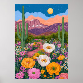 Póster Flor del desierto bajo la luz de la luna