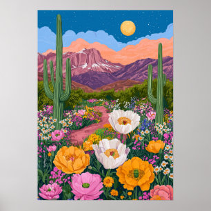 Póster Flor del desierto bajo la luz de la luna