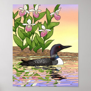 Póster Flor del pájaro del estado de MN Loon Lady Slipper