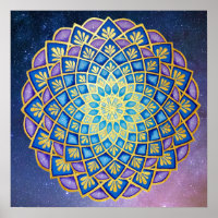 Flor dorada azul morado Mandala Galaxia