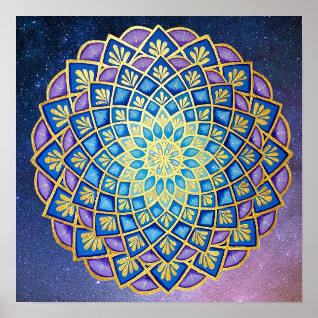 Póster Flor dorada azul morado Mandala Galaxia (Frente)