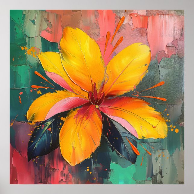 Póster Flor dorada: expresión floral abstracta vibrante (Frente)