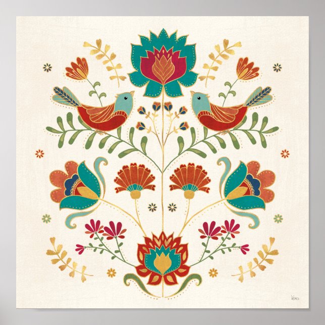 Póster Flor Folclórica Con Aves (Frente)