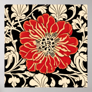 Póster Flor grande de estilo Art Nouveau rojo