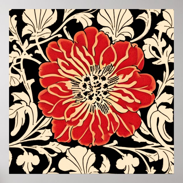 Póster Flor grande de estilo Art Nouveau rojo (Frente)