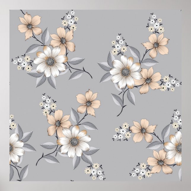 Póster flor gris y blanco Patrón sobre fondo gris (Frente)