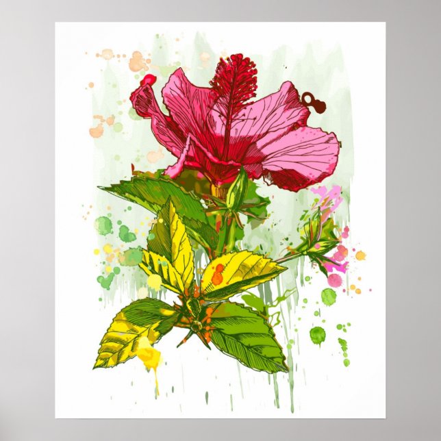 Póster Flor hibiscus - pintura acuarela 2 (Frente)