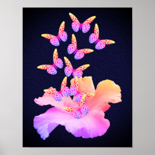 Póster Flor Hibiscus Y Mariposas Coloridas En Negro