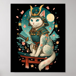 Póster Flor japonesa de cerezo gato Samurai Moonlight