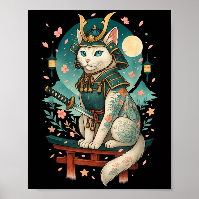Póster Flor japonesa de cerezo gato Samurai Moonlight (Frente)